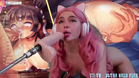 Media: Photorealistic anime-style screenshot of a naked woman with pink hair and cat ears, performing oral sex on a large, erect penis.