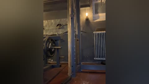 Media: Video of a dimly lit, unfinished basement gym with a weight machine, a radiator, and exposed pipes against a concrete floor.