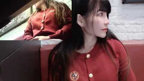 Media: Video of a young woman with long black hair in a red cardigan, leaning on a car seat, with a mirror reflection of her in the background.