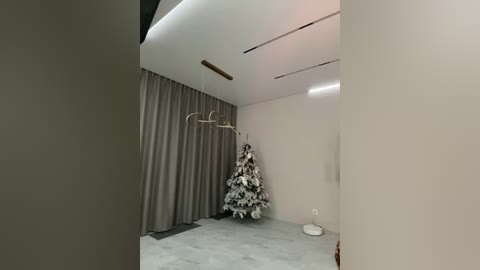 Media: Video of a modern, minimalist room with beige walls, grey curtains, a white Christmas tree, and a decorative deer head on the ceiling, featuring a marble floor.