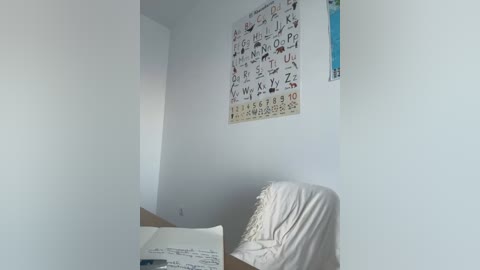 Media: Video of a minimalist, white-walled bedroom with a single bed covered by a white sheet, a folded white towel, and a stack of papers. A colorful alphabet poster hangs on the wall.