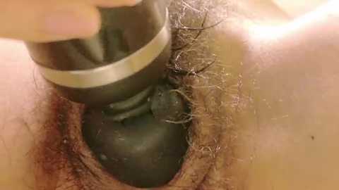 Media: Video of a person's pubic area with a green, textured object (possibly a sex toy) inserted into the vagina, surrounded by coarse, dark pubic hair. The image is close-up, focusing on the genital region.