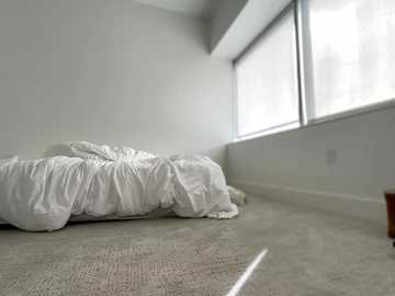 Media: Video of a minimalist bedroom with a large window, white bedding on a bed, light grey carpet, and a wooden nightstand visible in the right corner.