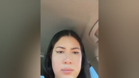 Media: Video of a young woman with fair skin, long black hair, and dark eyebrows, wearing minimal makeup, sitting in a car with beige interior.