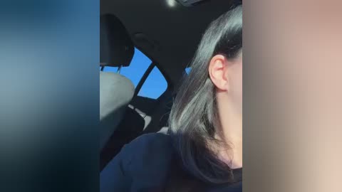 Media: Video of a woman with long, straight black hair and fair skin, partially obscured by a blurred out-of-focus person. She is wearing a black top, seated in a car with a clear blue sky visible through the window.