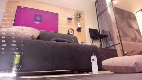 Media: A video of a modern, minimalist living room with a large, dark grey sectional sofa, a flat-screen TV on a wooden wall, a black chair, and a white water bottle on the floor.