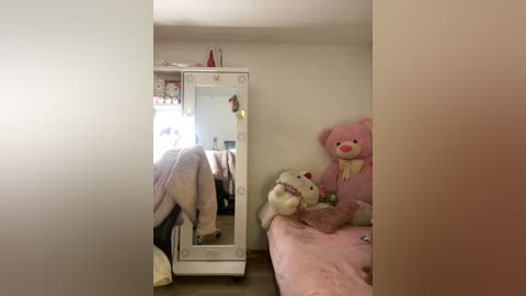 Video of a cozy bedroom with a white mirror, pink teddy bear, and a white plush dog on a bed, against beige walls.