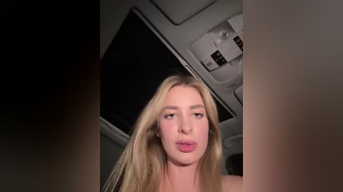 Video of a blonde woman with straight hair, fair skin, and light makeup, looking straight at the camera. She is inside a car with a dark tinted window in the background.