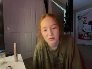 Media: Video of a young girl with fair skin and red hair, wearing a green shirt, sitting at a vanity. Background includes a closed door, a mirror, and a Hello Kitty poster.