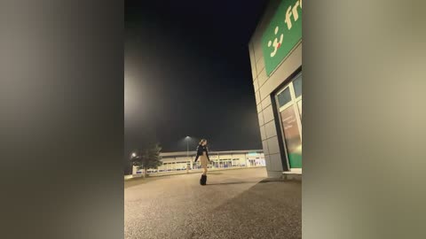 Media: A nighttime video of a person riding a bicycle on a parking lot outside a brightly lit convenience store. The store's green sign and illuminated interior are visible in the background. The sky is dark.