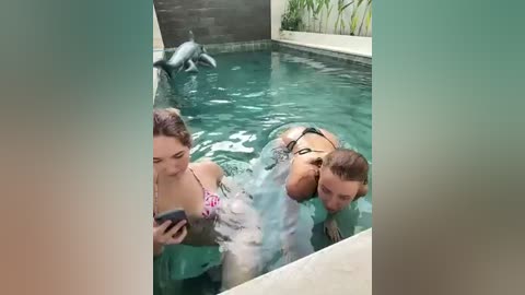 Media: Video of three women in a swimming pool: one with a dolphin, another with a smartphone, and a third submerged in water, all with minimal clothing.