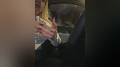 Media: Video of a blonde woman with medium-length hair, wearing a white shirt and black pants, sitting in a dimly lit car, with a blurred view of a large dog in the background.