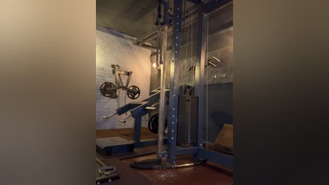 Media: Video of a dimly lit, vintage-style gym with a white brick wall, blue metal gym equipment, and wooden floor.