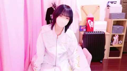 Media: Video of an Asian woman in a white jacket and face mask, sitting in a pink-draped room with a red cooler and wooden shelves.