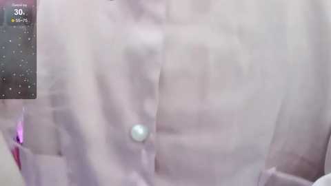 Media: A blurry video of a person wearing a sheer, light purple blouse with a shiny button in the center, partially revealing their chest. The background is out of focus.