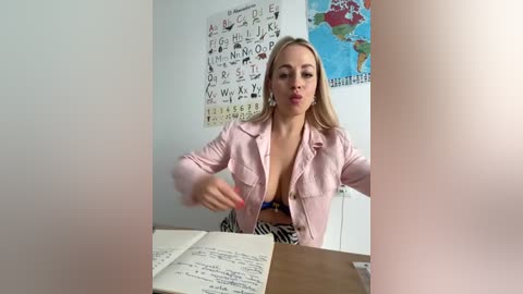 Media: A video of a blonde woman with fair skin, wearing a pink blazer over a low-cut black top, sitting at a desk with open books and a world map behind her.