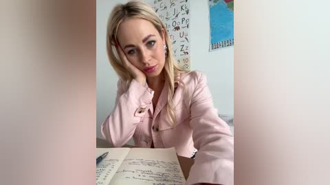 Media: Video of a blonde Caucasian woman with light skin, wearing a pink blazer, leaning on her hand, looking contemplative, in a classroom with a whiteboard and a world map in the background.