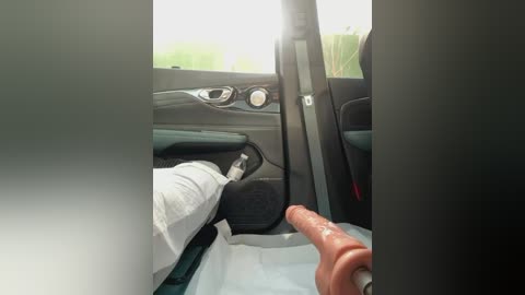 Media: Video of a car interior with a person's hand holding a large, realistic-looking pink dildo, positioned in the driver's seat. The background features the car's dashboard and door panels.