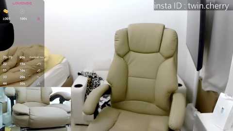 Media: A video of a beige leather office chair in a cluttered room, featuring a bed with a leopard-print blanket, white walls, and a white couch.