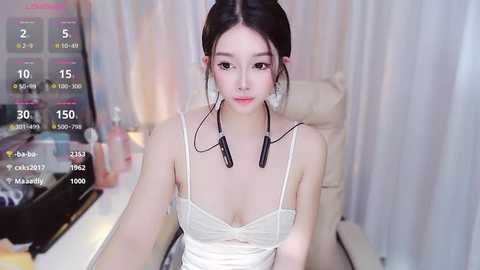 Media: Video of a young Asian woman with pale skin, dark hair in a bun, wearing a white lace camisole and large headphones. She sits at a desk in a dimly lit room with white curtains and a computer monitor displaying streaming statistics.