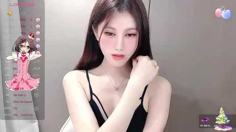 Video of a slim, fair-skinned Asian woman with long black hair, wearing a black dress, touching her neck, in a modern room with a calendar overlay.