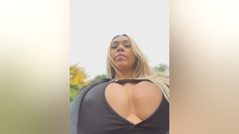 Media: A video of a curvy, blonde woman with large breasts, wearing a black, low-cut top, taken from a low angle. Background shows blurred greenery and yellow flowers.