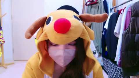 Media: Video of a person wearing a yellow dog costume with a red nose, white mask, and brown hair, in a brightly lit closet filled with hanging clothes.