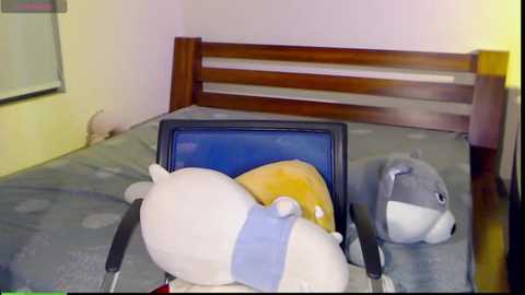 Media: Video of a wooden-framed bed with a blue polka-dotted sheet, featuring a white bear, a yellow duck, and a gray penguin plush toys, and a black laptop.