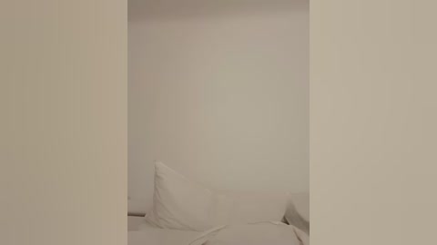 Media: Video of a minimalist, sparsely furnished room with white walls and a bed covered in white sheets and pillows. The room has a stark, monochromatic aesthetic with no visible furniture or decor.