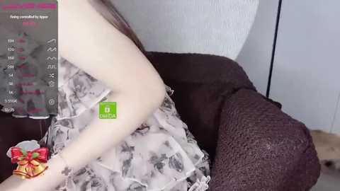 Media: A video of a pale-skinned woman with long, light brown hair reclining on a dark brown couch, wearing a sheer, black-and-white patterned dress. The background includes a white wall and a green \"Twitch\" logo on the left.