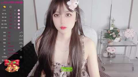 Media: A video of a young, fair-skinned Asian woman with long black hair adorned with a pink flower. She wears a camo dress and sits in front of a white wall and a glass table with flowers.