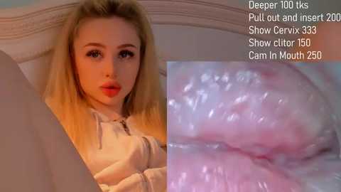 Media: Video of a young, blonde woman with fair skin and red lipstick, wearing a light sweater. Background shows close-up of cervix with labels indicating depths and diameters.