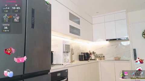 Media: Video of a modern, minimalist kitchen with white cabinets, marble countertops, stainless steel appliances, and a digital clock on a black fridge, showing 14:45, 15:55.