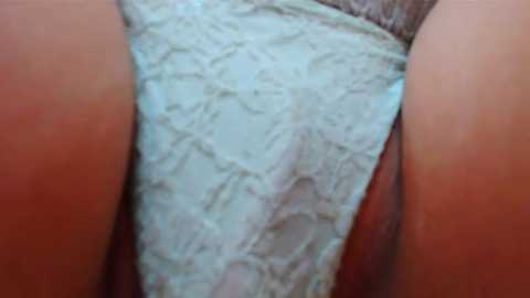 Media: A close-up video of a woman's upper thighs and crotch area, showing her lace panties with a light blue and white pattern. The skin tone is light, and the focus is on the delicate fabric.