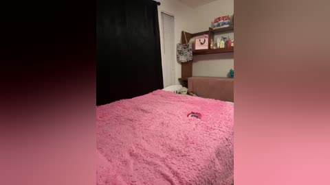 Media: Video of a cluttered bedroom with a pink, fluffy comforter on the bed, black curtains, and a wooden shelf with assorted items, including a pink box and a stuffed animal.