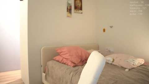 Media: A video of a minimalist bedroom with beige walls, a white bed, and pink pillows, featuring a small, framed painting. The room is sparsely furnished with a single bed and a small, plush toy on the floor.