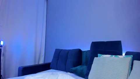 Media: Video of a minimalist bedroom with a dark blue couch against a light blue wall, featuring a white bed with green and white pillows. A small lamp emits blue light on the left side.