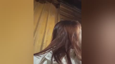 Media: Video of a person with long, straight brown hair, seen from behind, partially obscuring their face. Background features a yellow curtain and wooden door, suggesting a bedroom setting.