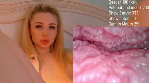 Media: Video of a blonde woman with light skin, wearing a bra, reclining on a white bed with a cream-colored headboard. Textual overlay on the right side shows deep throat stats.