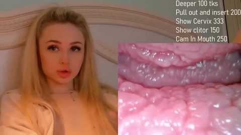 Media: A video of a young blonde woman in a beige top, showing a close-up of her ceratodont mouth, with a depth of 100 mm, pull-out, and insertion.