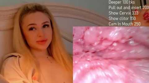 Media: A video features a blonde woman in a beige top, with a close-up of pink cervix tissue on the right. Text in the top right details \"Deep Throat 101: Pull out and insert, Show clit, Cam in Mouth 250.\