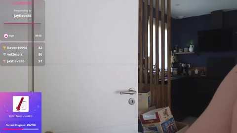 Media: Video of a modern living room with a white door, wooden slat wall, dark furniture, and a partially visible person in the foreground.