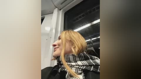 Media: A video captures a woman with long blonde hair, wearing a black-and-white plaid scarf, smiling while looking out the window of a dimly lit subway train. The image is slightly blurred, emphasizing the casual, candid moment.