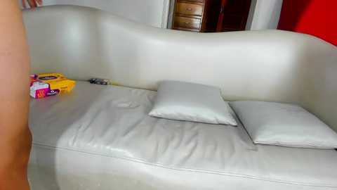 Media: Video of a modern, minimalist living room featuring a white, curved leather sofa with a small yellow box on the left. A person's arm and part of their body are visible in the foreground.