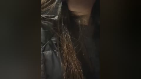 Media: Video of a person with long, tangled, brown hair, wearing a dark, possibly black, jacket. The background is dark and indistinct, emphasizing the subject's disheveled appearance.