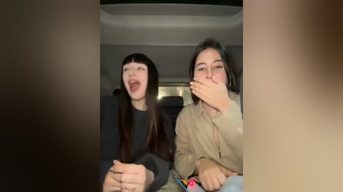 Media: Video of two young women, one with long straight brown hair and bangs, the other with long wavy brown hair, both in dark sweaters, making silly faces in a car.