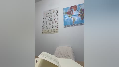 Media: A video of a minimalist, white-walled classroom with a child's desk, a stuffed animal, and educational posters featuring a world map and the alphabet.