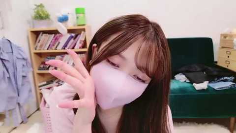 Media: Video of an Asian woman with long brown hair, wearing a white face mask, smiling and holding a syringe. Background includes a green sofa, bookshelf with books, and a messy room with clothes.