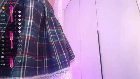 Media: Video of a woman's plaid skirt, worn over a lace-trimmed top, with a purple background. The image includes a live stream overlay with video controls and a pink \"Loungenife\" watermark.