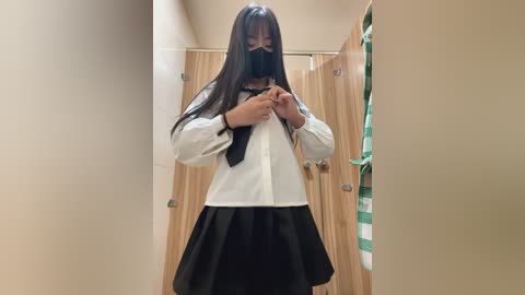 Media: Video of an Asian woman in a schoolgirl outfit, black face mask, adjusting a black tie in a narrow, beige hallway with wooden doors and a green-striped shower curtain.